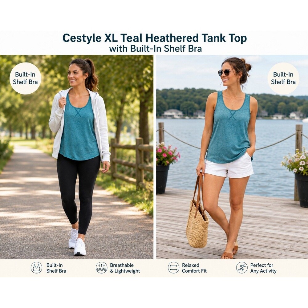 Cestyle Women XL Teal Heathered Tank Top Built In Shelf Bra Athletic Activewear